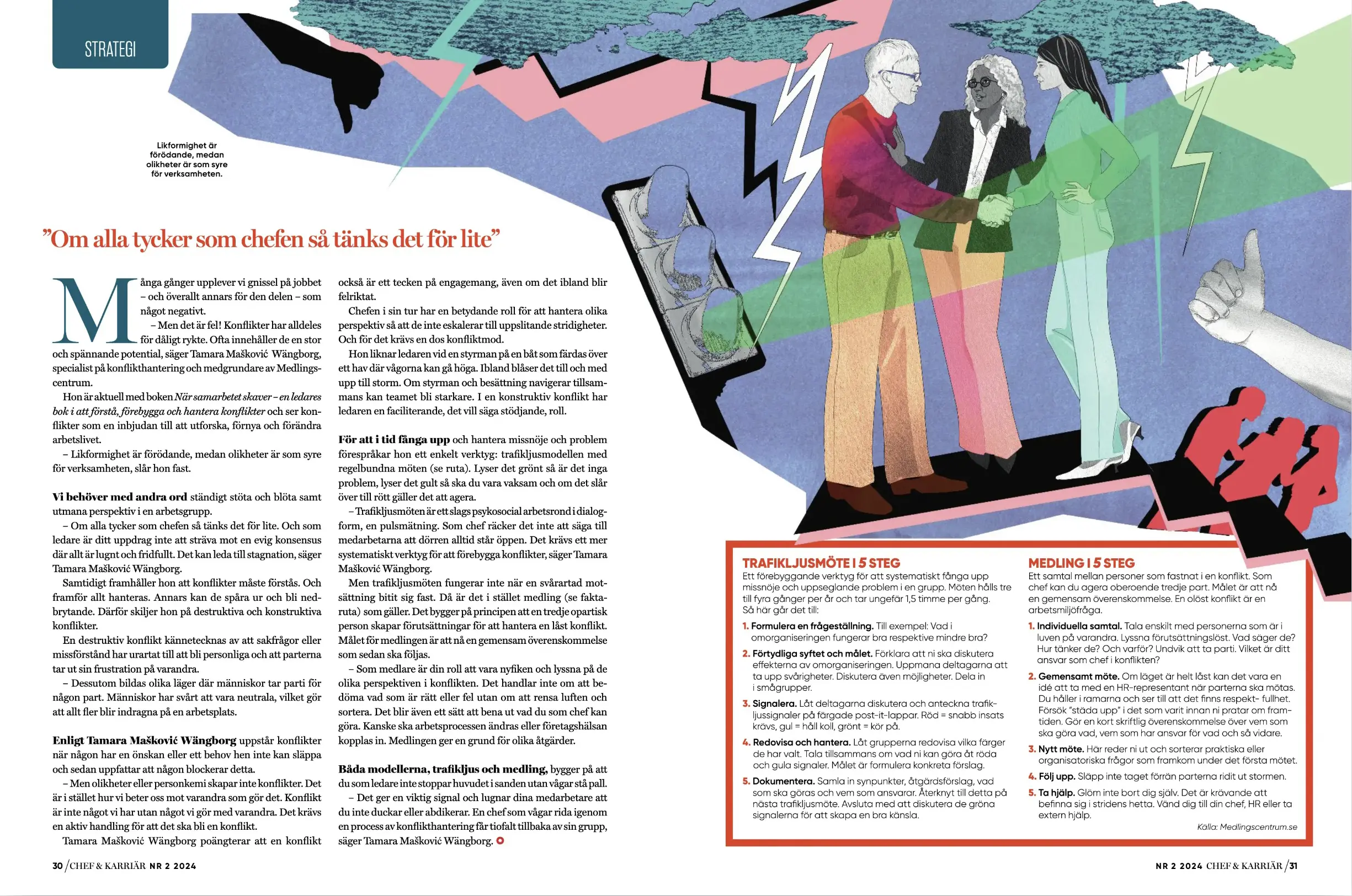 illustration picturing conflicts at work. Green clouds, lightning, violet background, stoplights, 2 people handshaking and the boss in the middle.