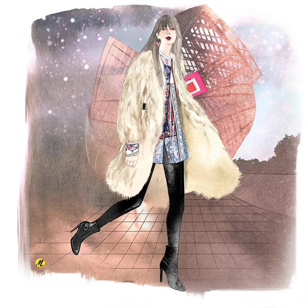 Woman dressed in a fake beige fur coat, black tight pants and black high heel boots. She has long grey hair with bangs. her lips are dark purple. Fondation Louis Vuitton in the background. The colors are in soft brown, pink and violet.