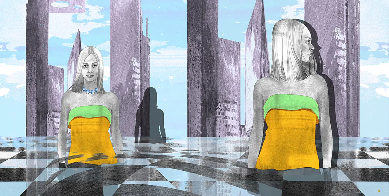 Two identical young women wearing a shoulder free yellow dress with a green band at the top. They are standing in a sea that looks like a chess board. The sea is moving in the foreground. The head of one of the women is in profile. Futuristic buildings in the background and a black silhouette of a woman.