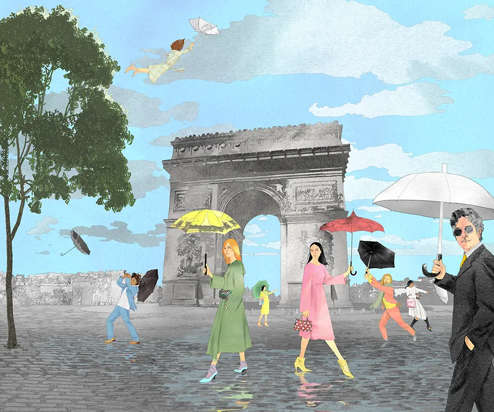 Illustration picturing the Arc de Triomphe in Paris when it rains. People struggling with their umbrellas in the rain and wind. One woman is caught by the wind and flies over the arc. Two pretty women in the foreground dressed in green and pink each holding un umbrella. The musician Bob Dylon is walking in to the picture, also carrying an umbrella.