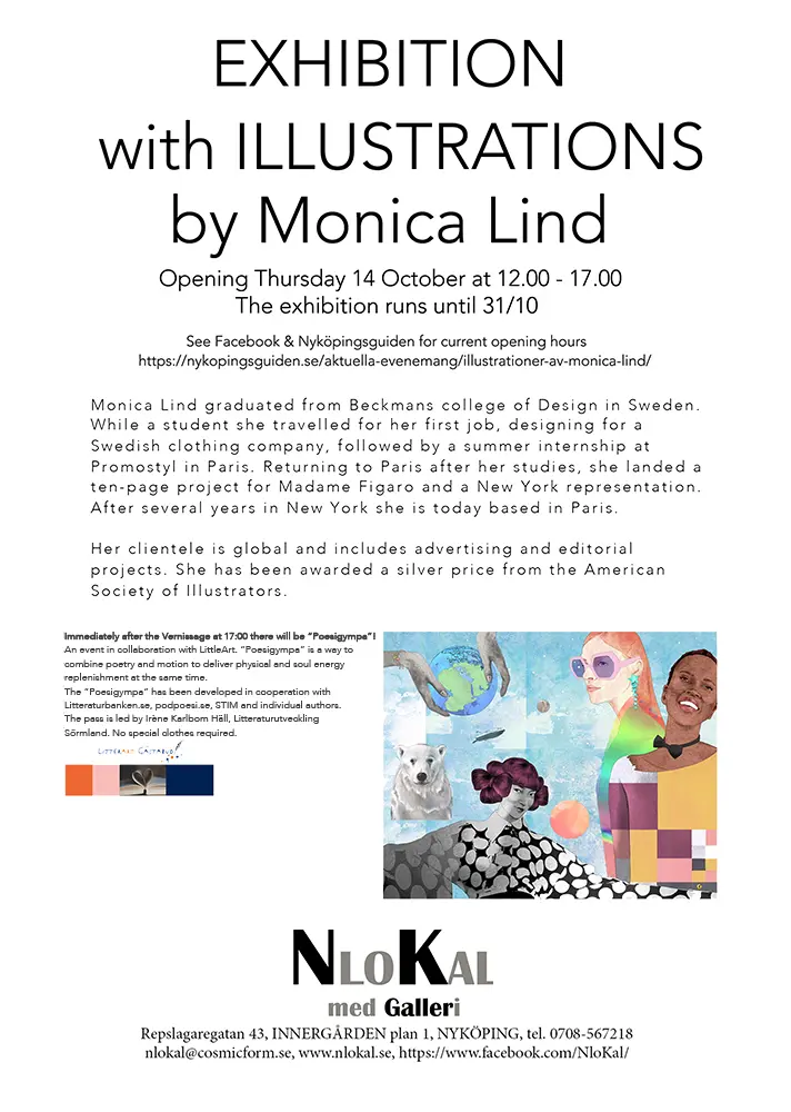 Invitation to the exhibition with illustrations by Monica Lind at the gallery NLOKAL. The illustration "Gratitude" is printed on the invitation