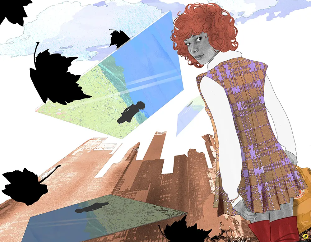 Art work picturing a young woman with red curly hair wearing a tartar brown and lilac sleeveless short dress with pleaded skirt over a white shirt. Black leaves are falling. There are brown cityscapes in the background. Two mirrors are floating in the sky with scenes of yellow flower fields and blue skies.