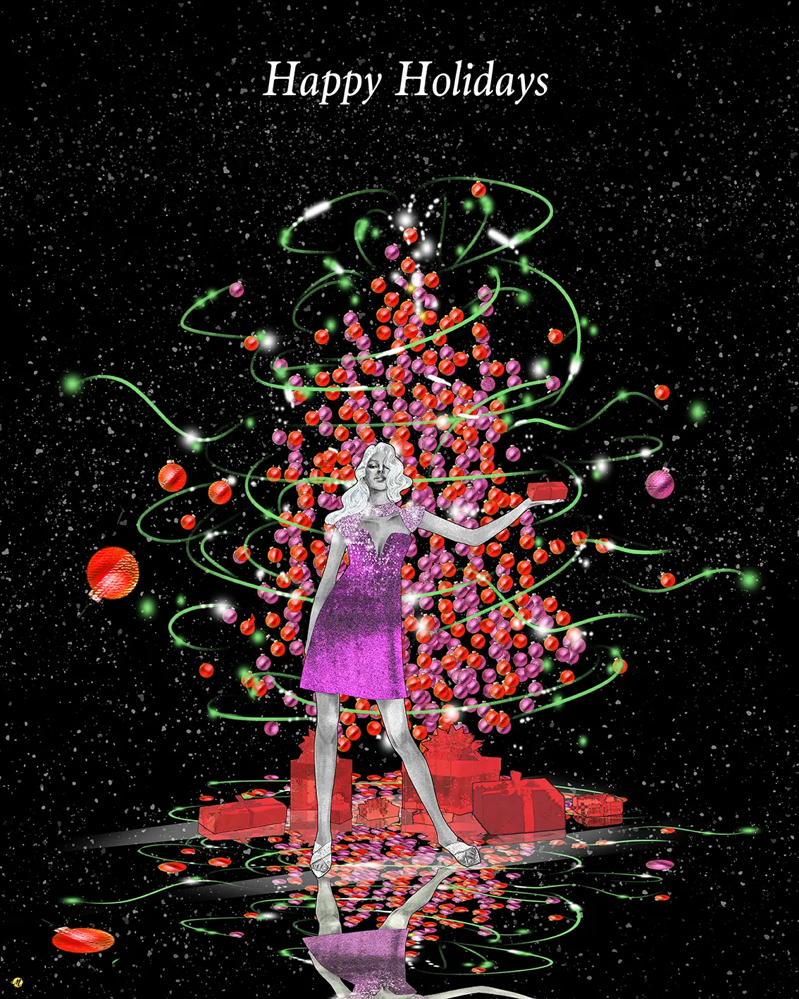 Black background with white stars and a woman dressed in a short sparkling violet dress, holding a red gift in her stretched out hand. Behind her are red and violet Christmas balls forming a tree with the help of green lights. Red gifts are under the tree. On the black floor you can see a mirrored reflection of the woman, the gifts and the tree.