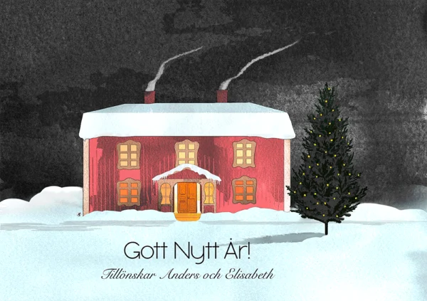 illustration gif, showing a red house with yellow light in the windows and snow on the roof. The sky is black and colorful fireworks in motion are behind the house. Smoke is coming out of the two chimneys.Lot of white snow in front of the house wher to the right you can se a dark tree with yellow lights.