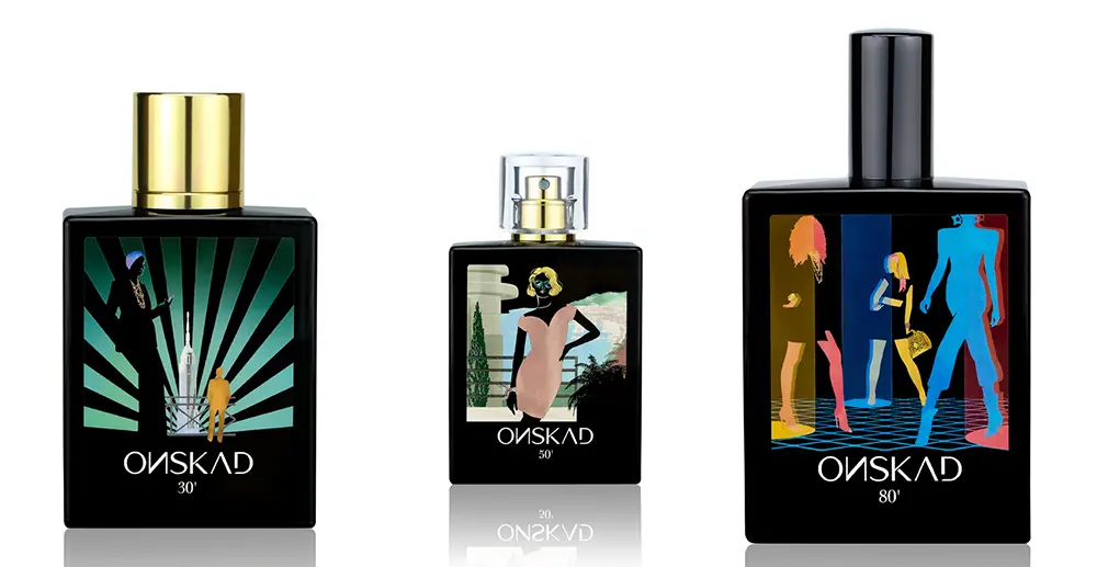 3 illustrated perfume labels on black bottles, picturing 3 women and their eras, the 30's, the 50's and the 80's.