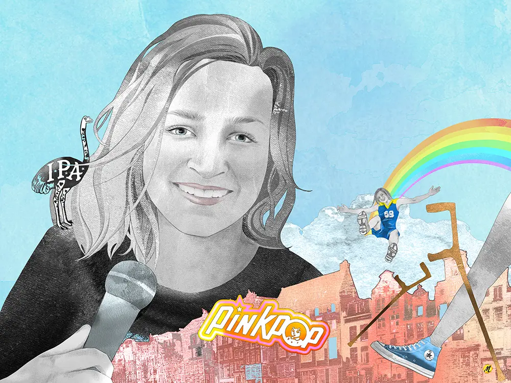 Young smiling woman in black and white holding a microphone. The IPA bird logo is sitting on her shoulder. A colorful rainbow in the background. The same girl is sitting on a cloud. A street in Amsterdam with the logo pinkpop. Blue background.