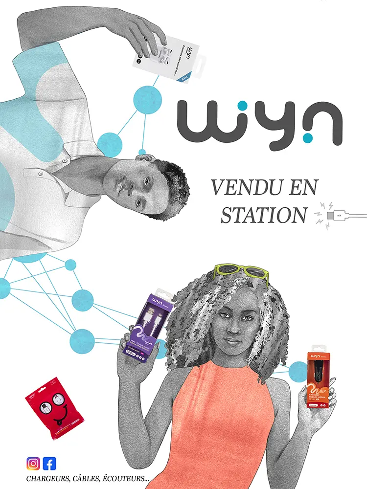 A couple holding products from the brand wyn on a white background. Illustration