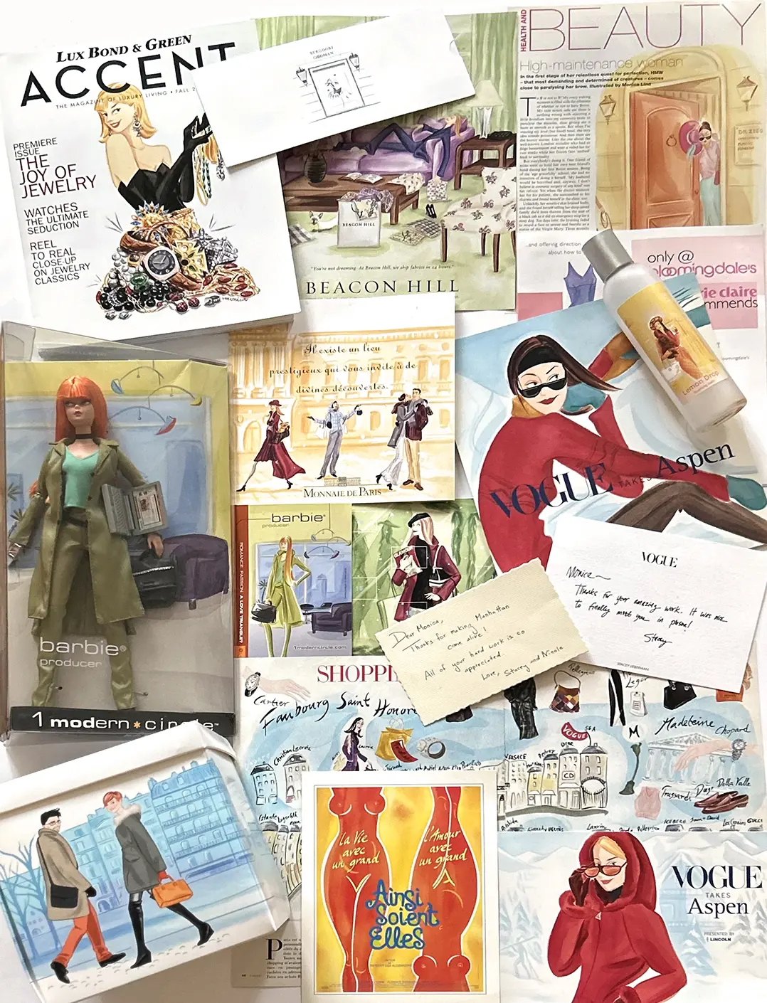 A mixture of advertising and magazine illustrations for Vogue magazine, Lux Bond and Green magazine, Tatler magazine, Mattel, Bloomingdale's, Bergdorf Goodman nyc. Assembled as a collage, creating one image.