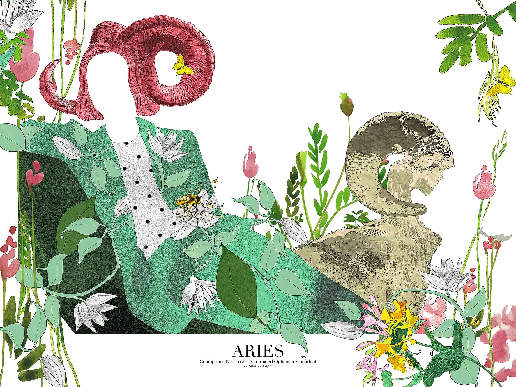 Artwork of the Zodiac sign "Aries", representing a woman with red ram horns, sitting on a dark green divan. She is dressed in a light green suit over a white t-shirt with black dots. Next to her is a ram with a human male's head. The couple is surrounded by different flowers, leaves, bees and butterflies. Their bodies are invisible.