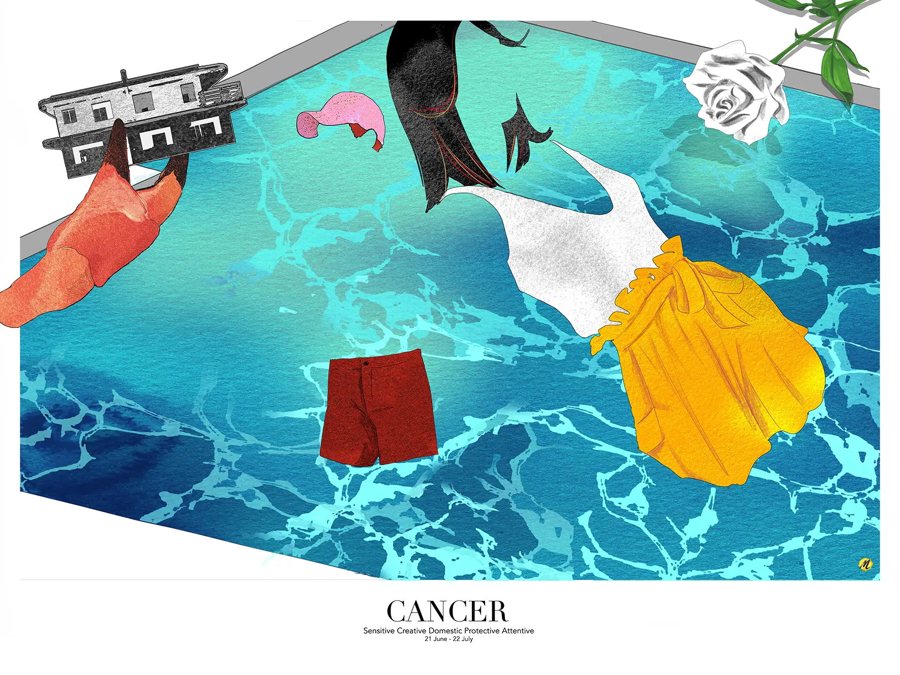 Artwork of the Zodiac sign "Cancer", representing a woman in the foreground, hovering over a swimming pool. She has medium length, black hair. She is dressed in a white tank top and wide yellow shorts. Further back in the swimming pool is a man, wearing dark red shorts and a pink baseball cap. To the left of the image is a big, red crab claw, holding a house. In the right hand corner is a white rose. The people's bodies are invisible.