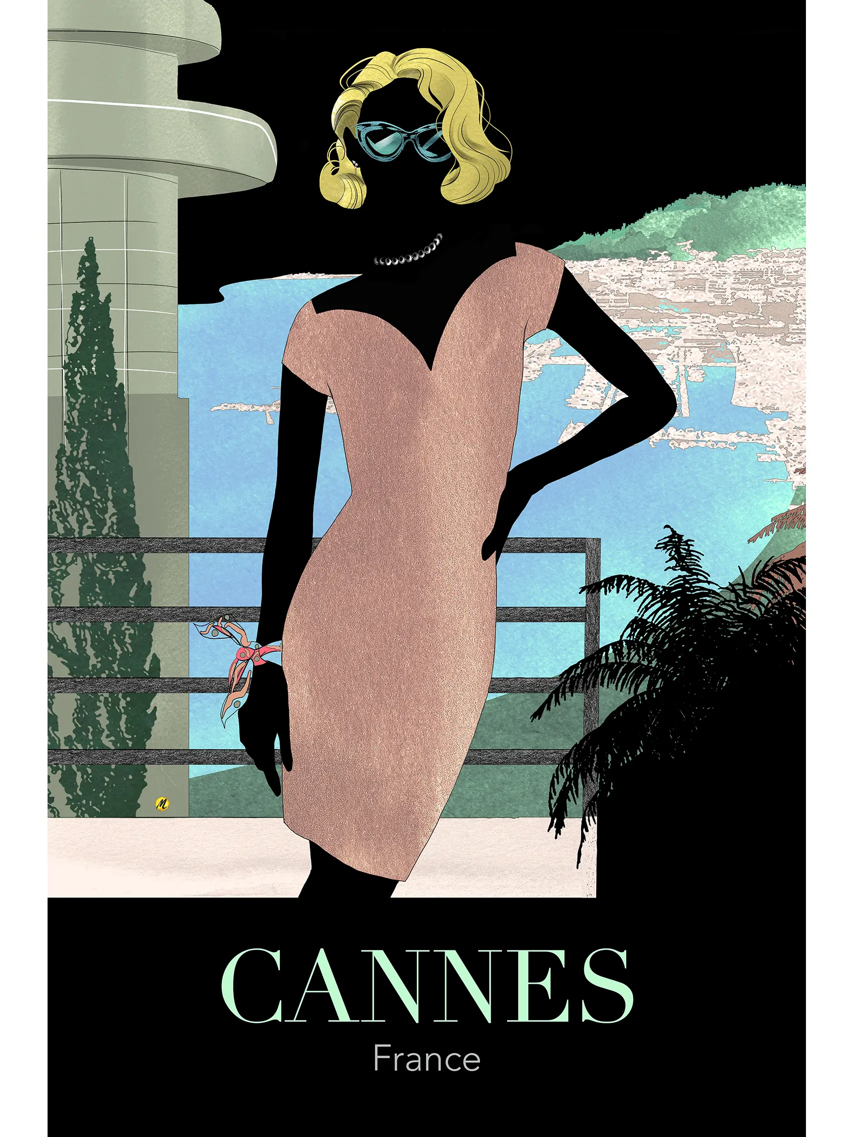 A black silhouetted woman with yellow wavy hair and green sunglasses. She is wearing a tight light pink dress and a scarf is tied around her wrist. Behind her is a part of an art deco house with a railing and further back is a view in light blue, beige and green of the French riviera city of Cannes. The background is in black. At the bottom you can read the text "Cannes France".