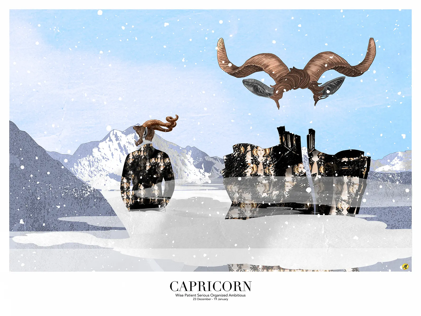 Picturing the Zodiac sign Capricorn in shape of a woman and a man. Both wearing Capricorn horns and they are dressed in garments with a textile print of women's heads. Their bodies are invisible. It is snowing and the setting is in the mountain tops with clouds. Blue skies.