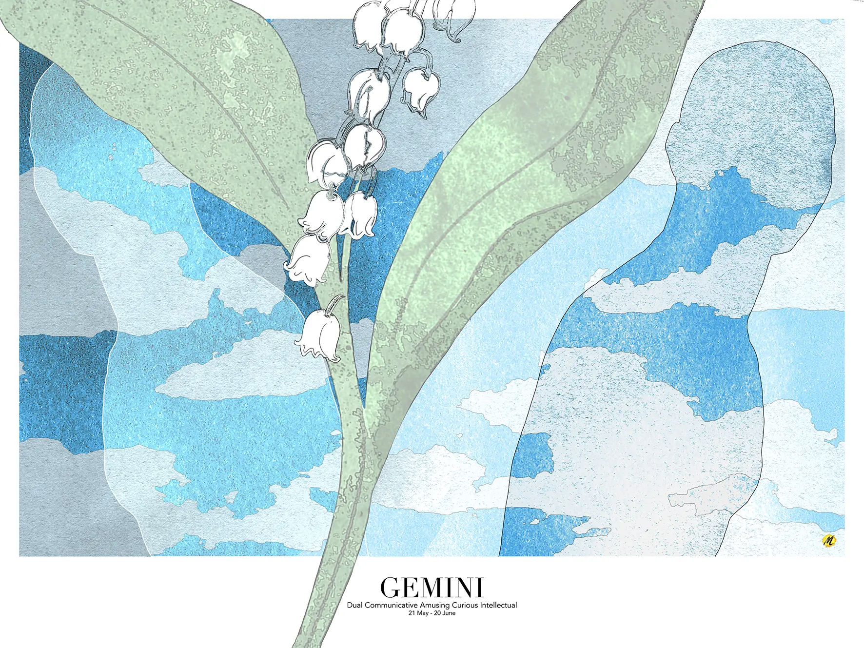 Artwork of the Zodiac sign "Gemini", representing silhouettes of two men. The silhouettes are made up of a fine contour line drawing. The picture is divided by a huge lily of the valley with light green leaves and white flowers. On the left side the silhouette is lighter and the background is darker. On the right side the silhouette is darker and the background is lighter. The background is made up by white clouds and blue skies.