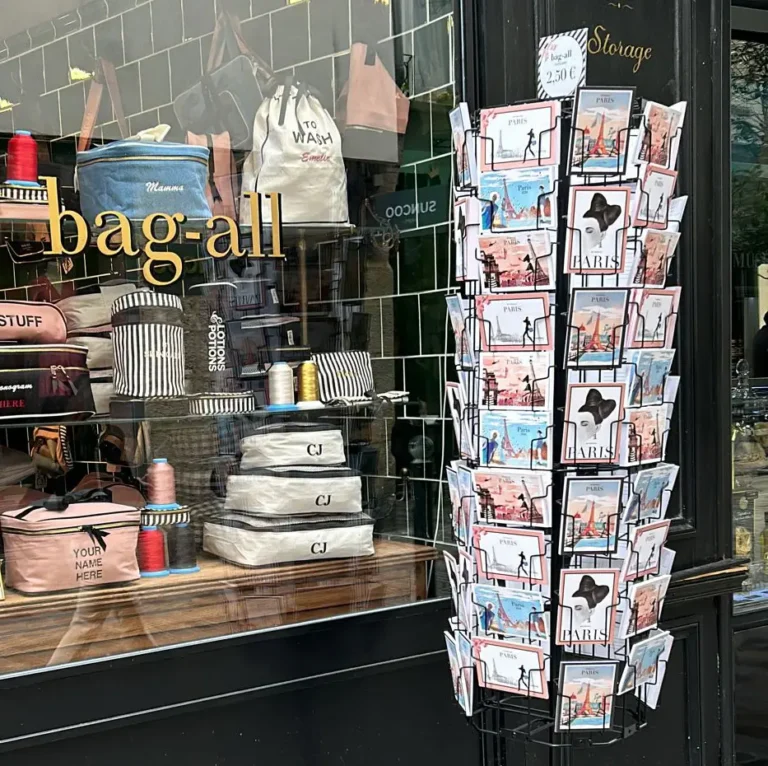 Postcard display showing several different postcards of Paris. All postcards are illustrated.