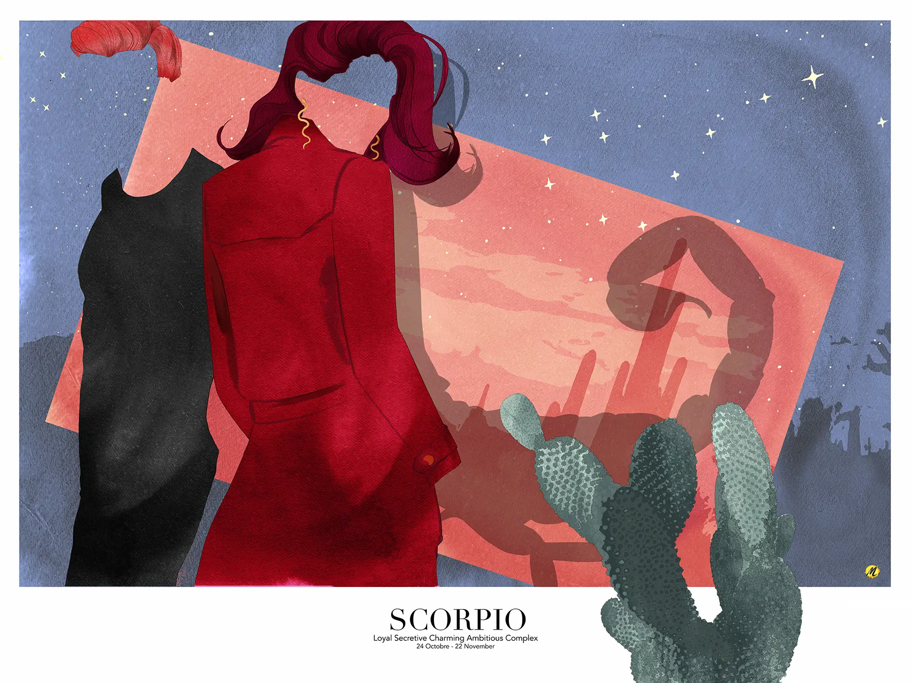 Artwork of the Zodiac sign "Scorpio", representing a man with red hair and a black t-shirt and a woman with dark purple hair and snake earrings, wearing a red trench coat. Behind is a pink rectangular form with a shadow of the woman, but with a scorpio's body. Their faces are invisible. The sky is dark violet with stars. In the foreground is a green cactus.