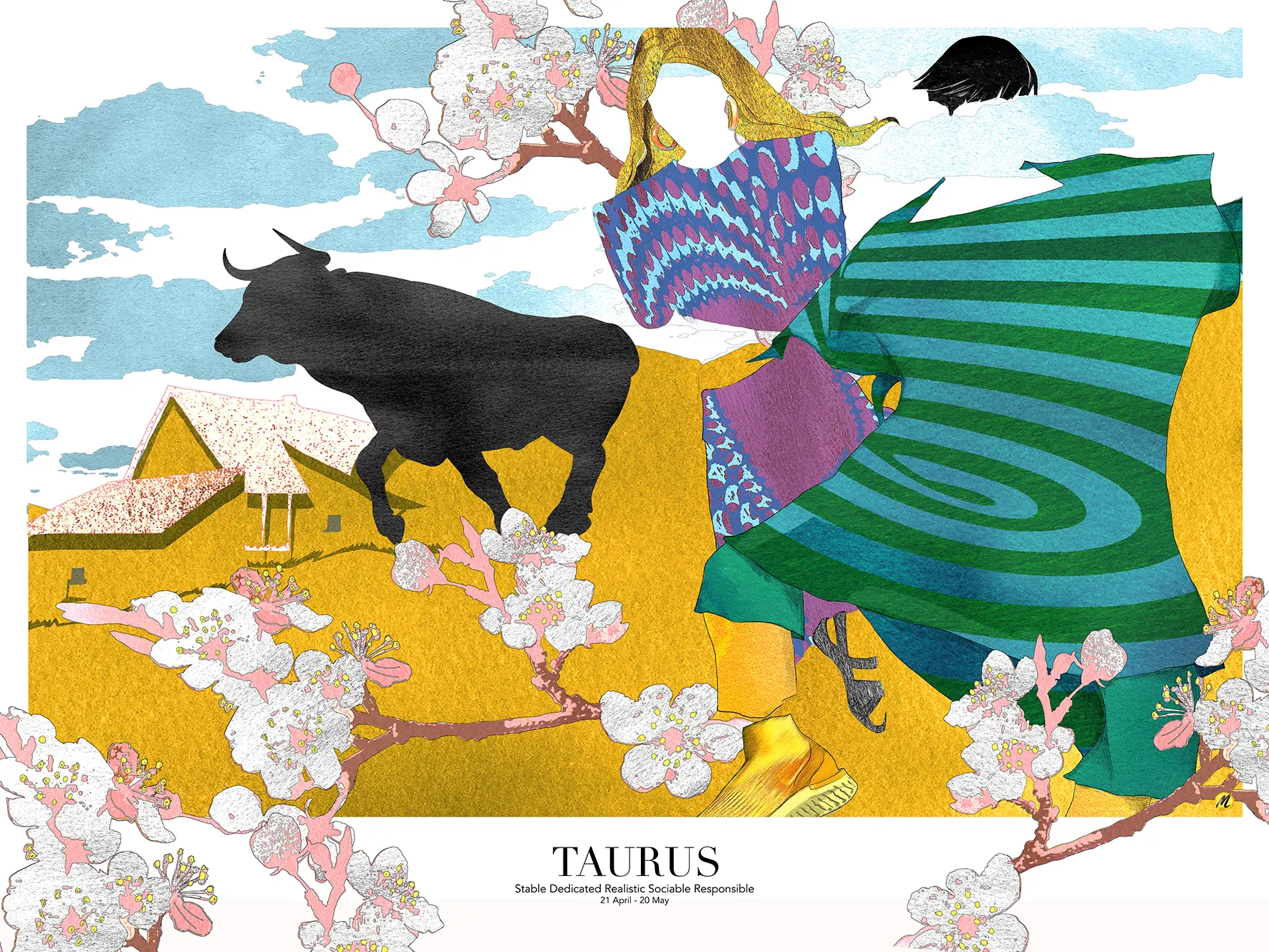 Artwork of the Zodiac sign "Taurus", representing a man in the foreground and a woman slightly behind. The man has black, straight, short hair. He is wearing a green outfit with big horizontal stripes. His body is invisible. The woman has long, a bit wavy, blond hair. She is dressed in an outfit which is blue and purple with dots. Her body is invisible. There is a black bull in the background and further away there is a farm.Gigantic cherry blossoms are decorating the ocre landscape and stretches beyond the frame of the picture. The skies are blue with white clouds.