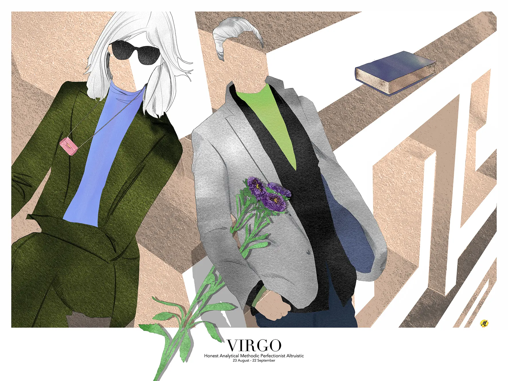 Artwork of the Zodiac sign "Virgo", representing a woman dressed in a moss green suit and a lilac sweater. Her hair is white and medium long and she wears black eye glasses. Next to the woman is a man with white hair, dressed in a grey jacket, black cardigan, pea green sweater and dark blue pants. He is holding under his arm a big Chinese aster flower. Their bodies are invisible. Behind is a labyrinth and a book is placed on top of it. The background is beige and white.