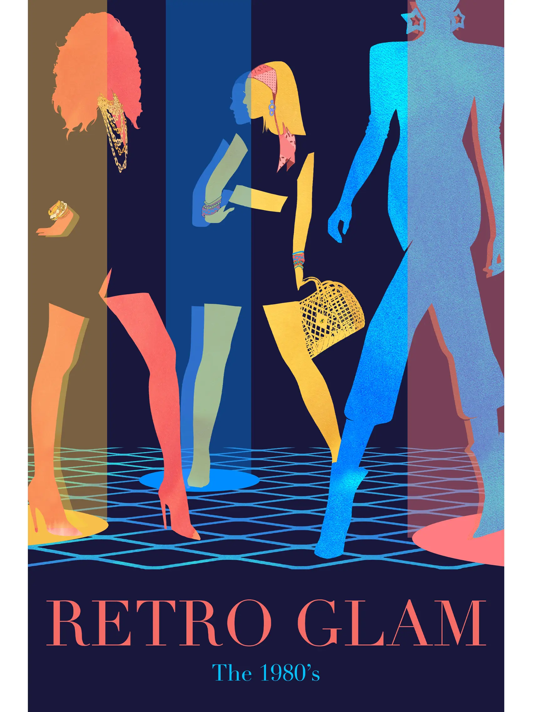 Three colored silhouettes, red, yellow and blue, of women dressed in 1980's outfits, golden big jewelry, scarves, high heels, miniskirts and big hair. Beams in yellow, blue and red are coming down from the ceiling. On the floor is a light blue grid. The text "Retro Glam" is featured at the bottom.