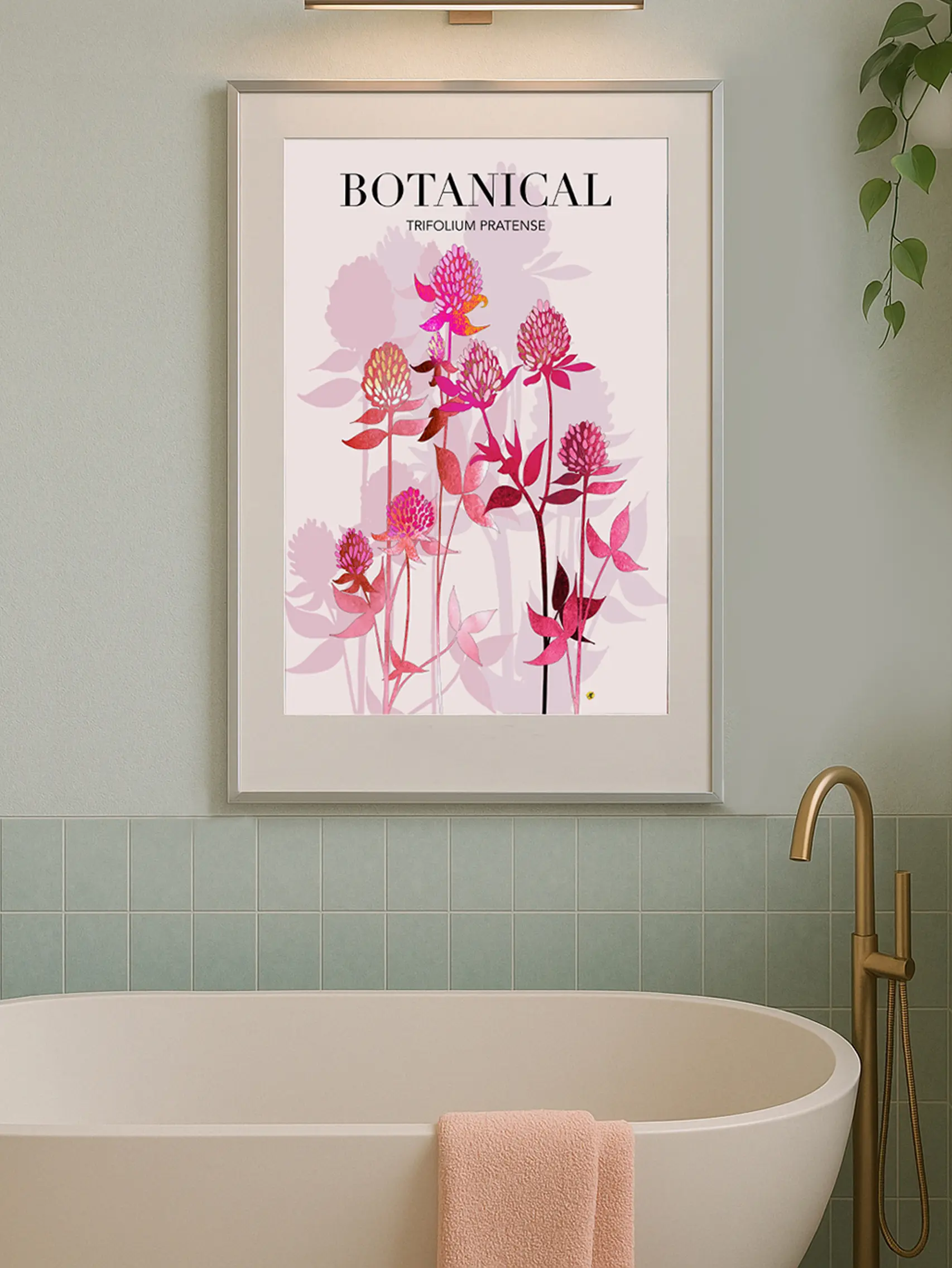 Floral art print featuring red clovers with taupe, violet colored shadows on a pale pink back ground.