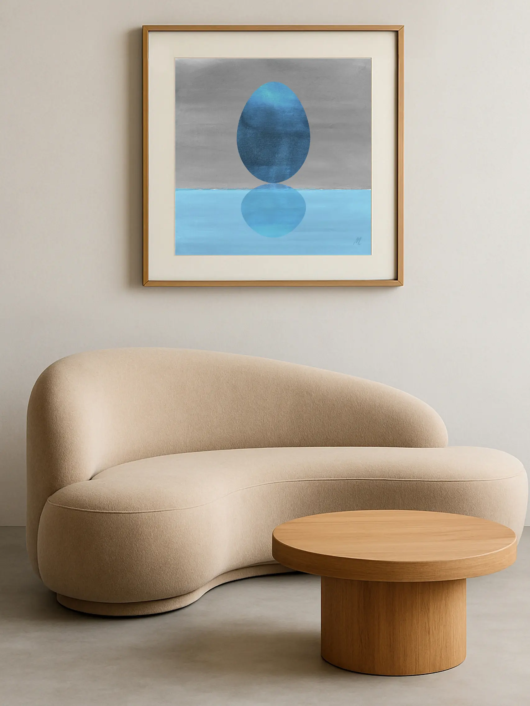 Minimalist abstract art print Ovum n1 featuring two oval shaped formes in blue shades on a grey and blue background, shown framed on the wall of a modern space.