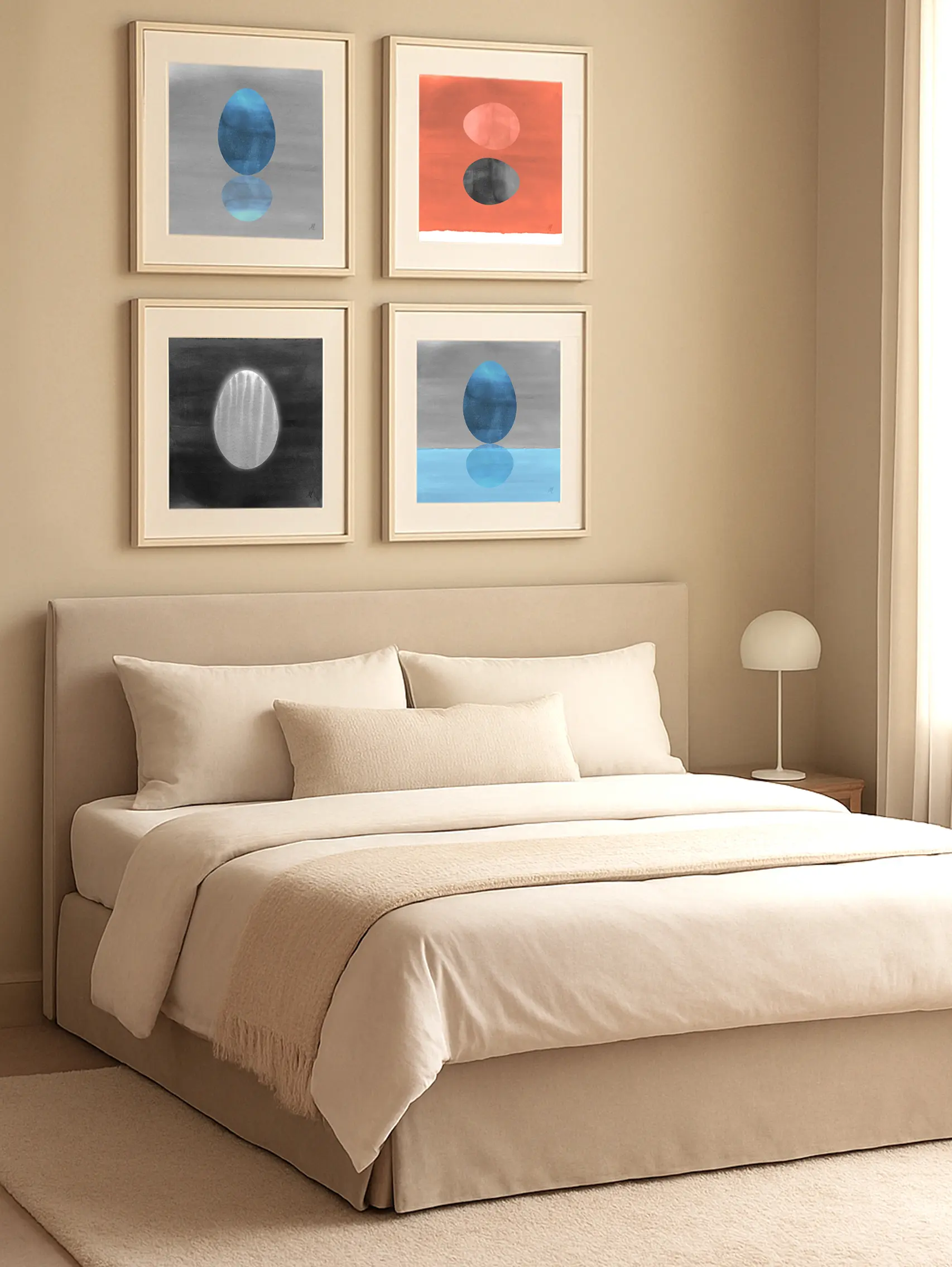 Four art prints with oval shapes in blue grey black white pink on grey orange black backgrounds.