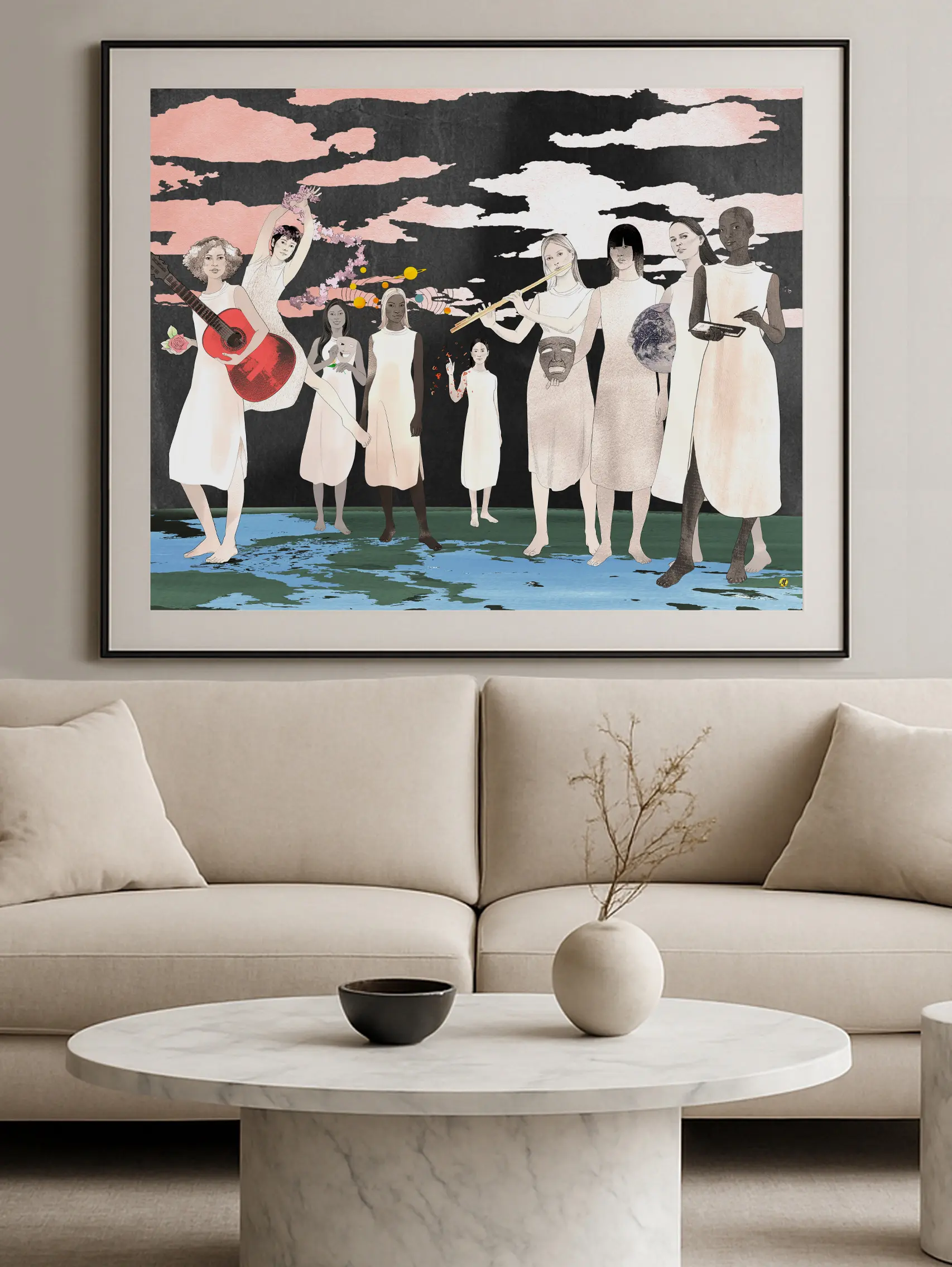 The nine muses in a modern stile. The women are all lined up and dressed in white dresses. they are standing on the earth. Black background and white pinkish clouds