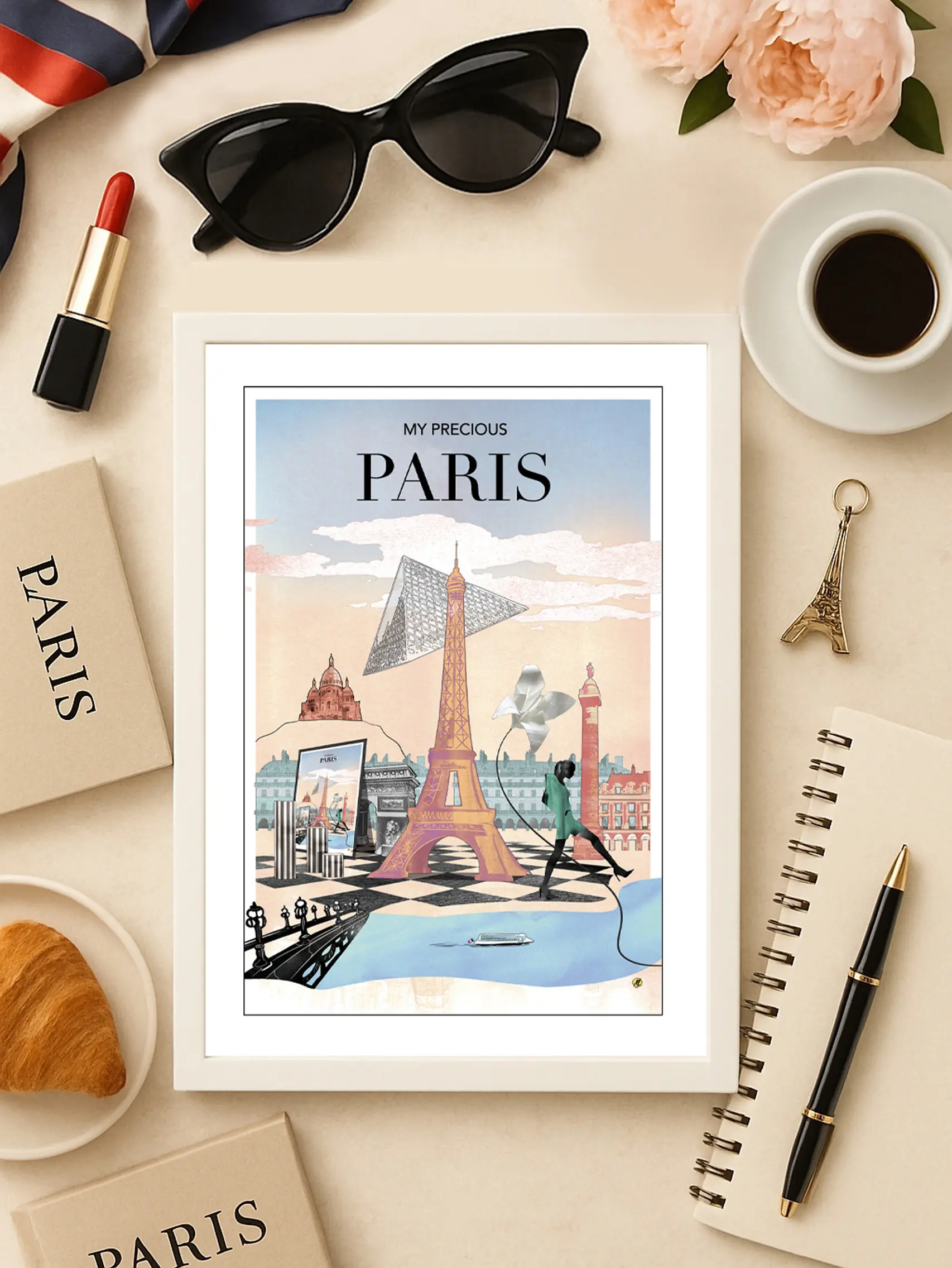 paris postcards, mini prints illustrated by monica lind featuring paris landmarks in warm romantic style