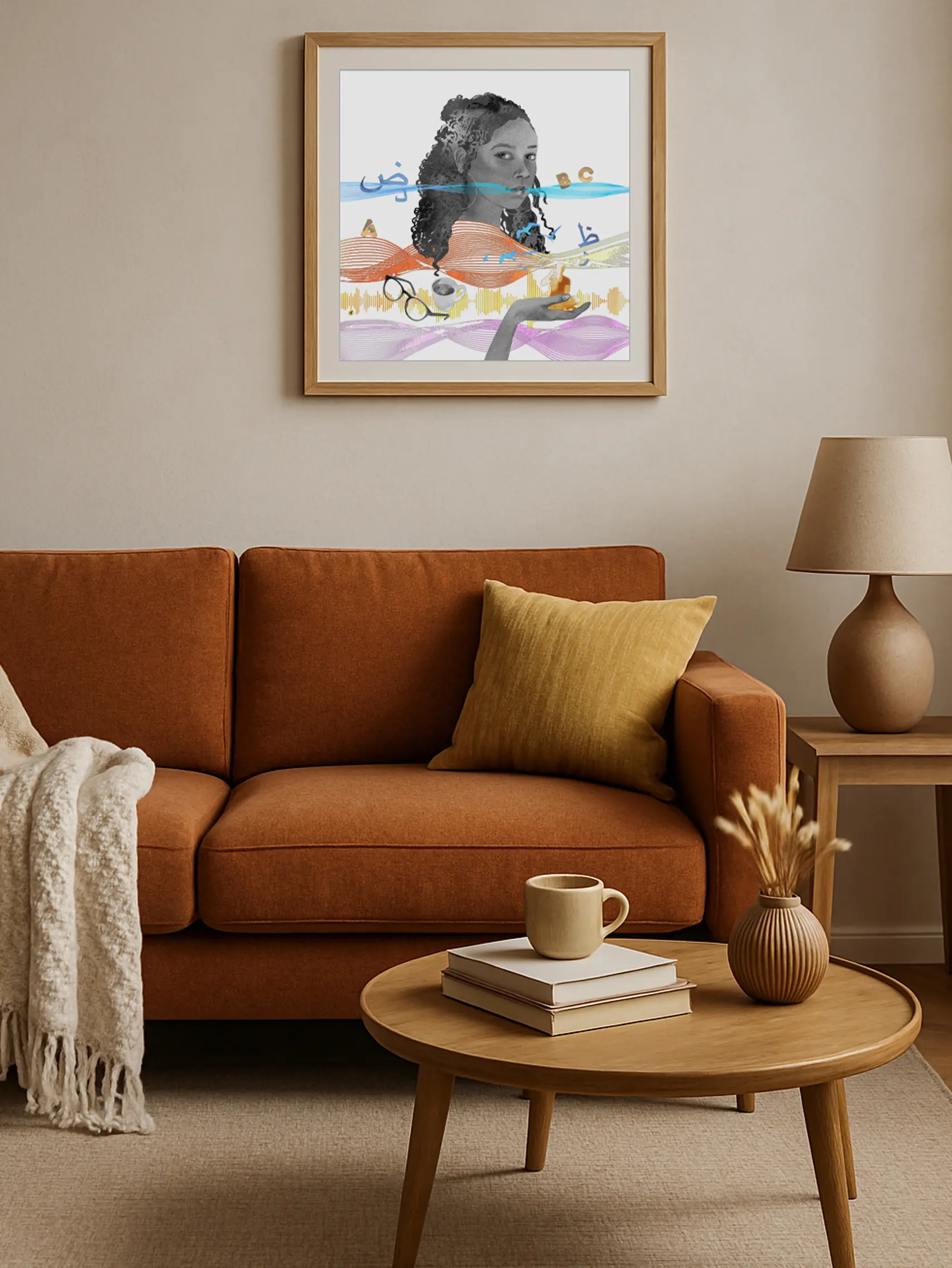 fine art print the communicator warm colors language connection identity framed in modern home interior