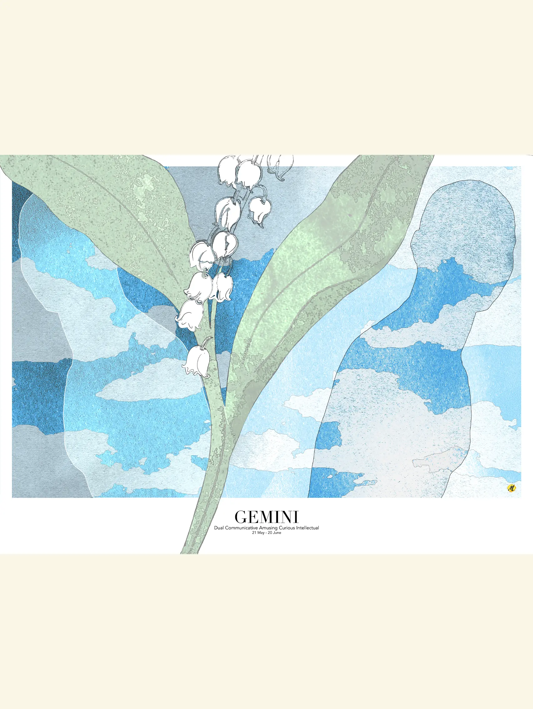 gemini zodiac art blue skies and lily of the valley by monica lind