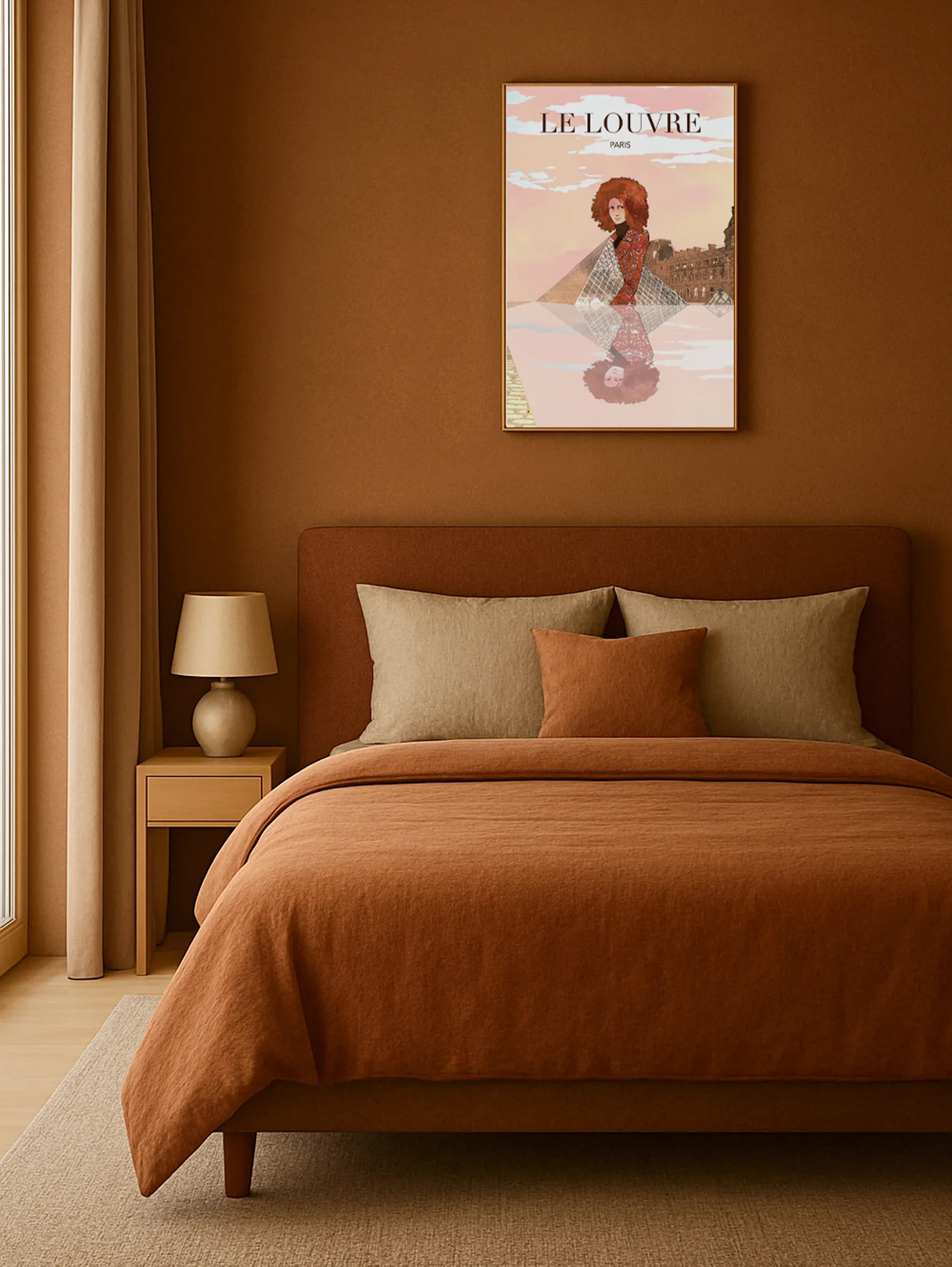 le louvre with modern mona lisa emerging from the pyramid by monica lind