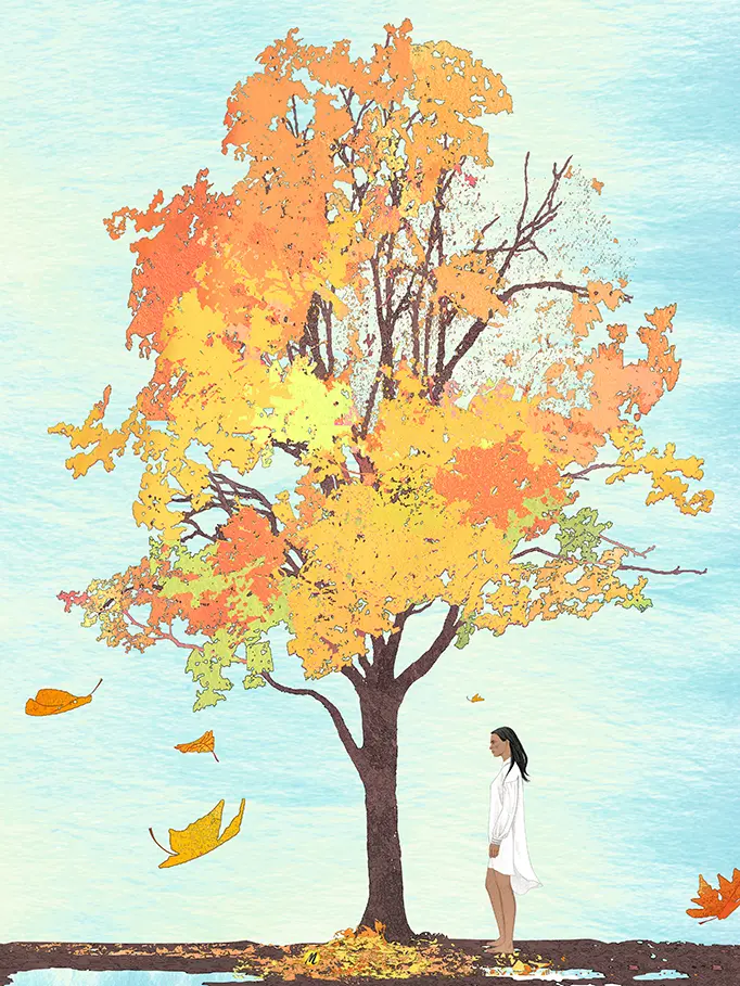 autumn is here artwork figure beneath golden tree modern wall art