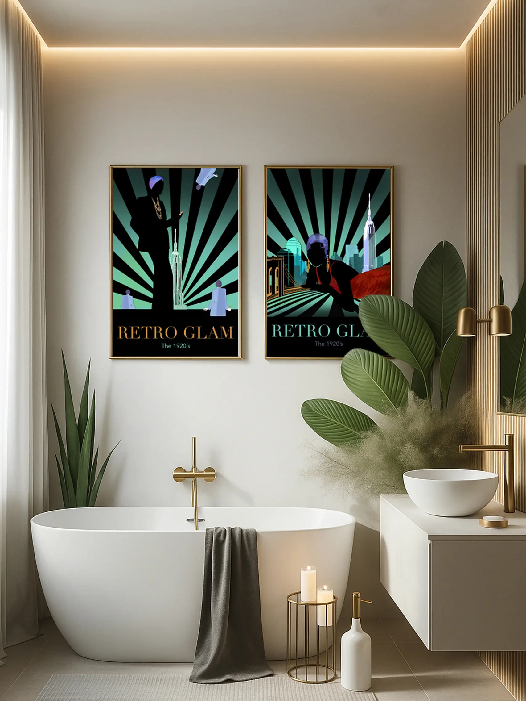 retro glam 1920s flappers woman silhouette and green rays background