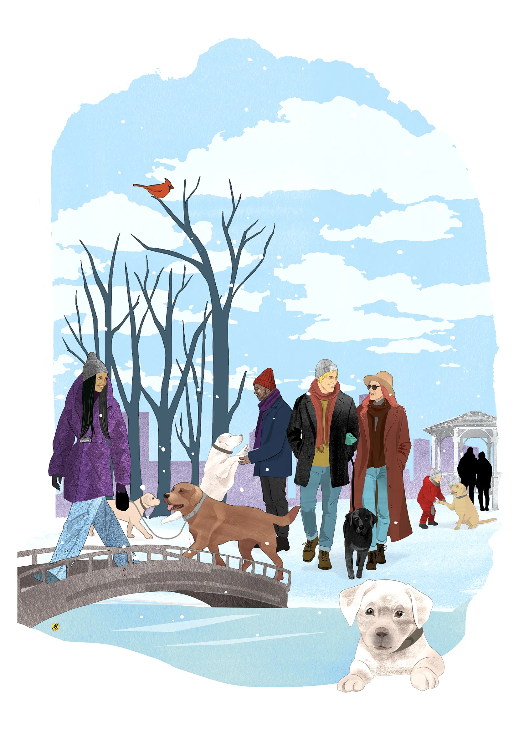 all about labs holiday illustration people walking dogs in a parc by monica lind