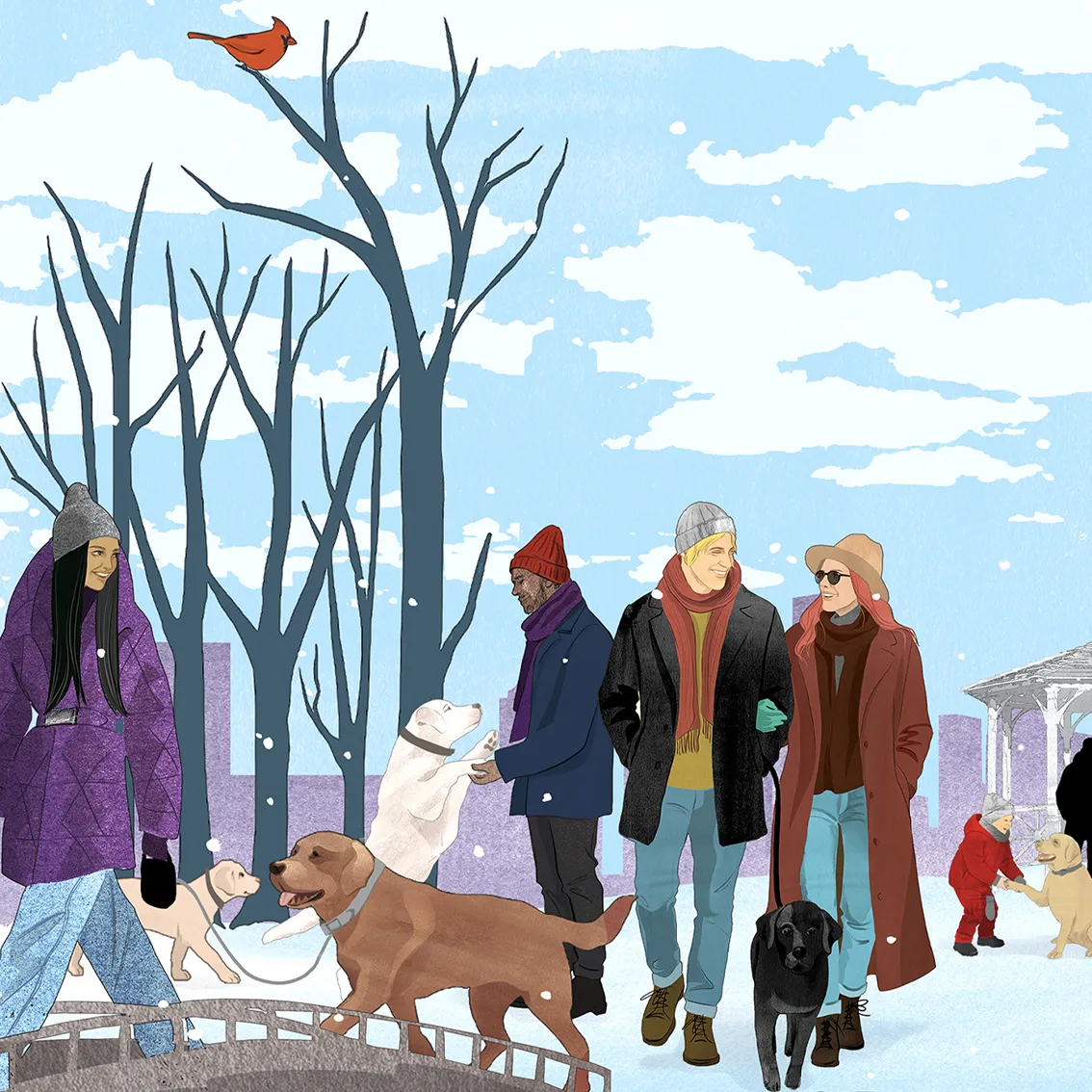 all about labs holiday illustration people walking dogs in a parc by sticker