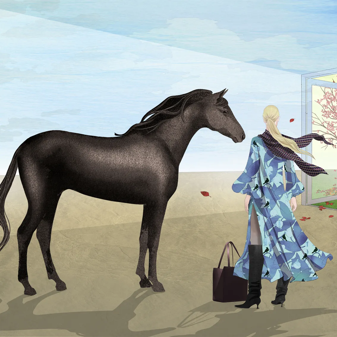 open door to fall surreal illustration of a horse and a woman in minimalistic landscape sticker