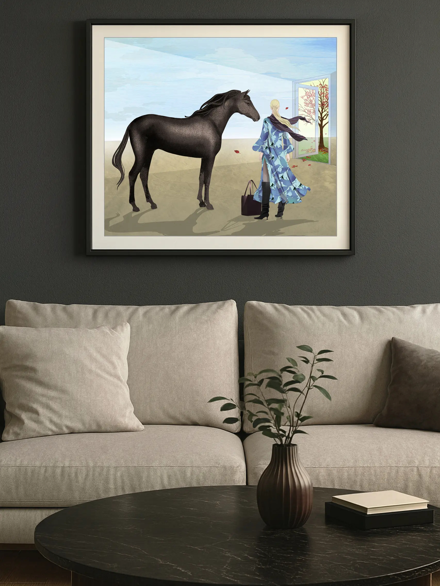 open-door-to-fall-surreal-illustration-exclusive-art-print open door to fall framed illustration of a horse and a woman in a quite landscape an open door with automne tree