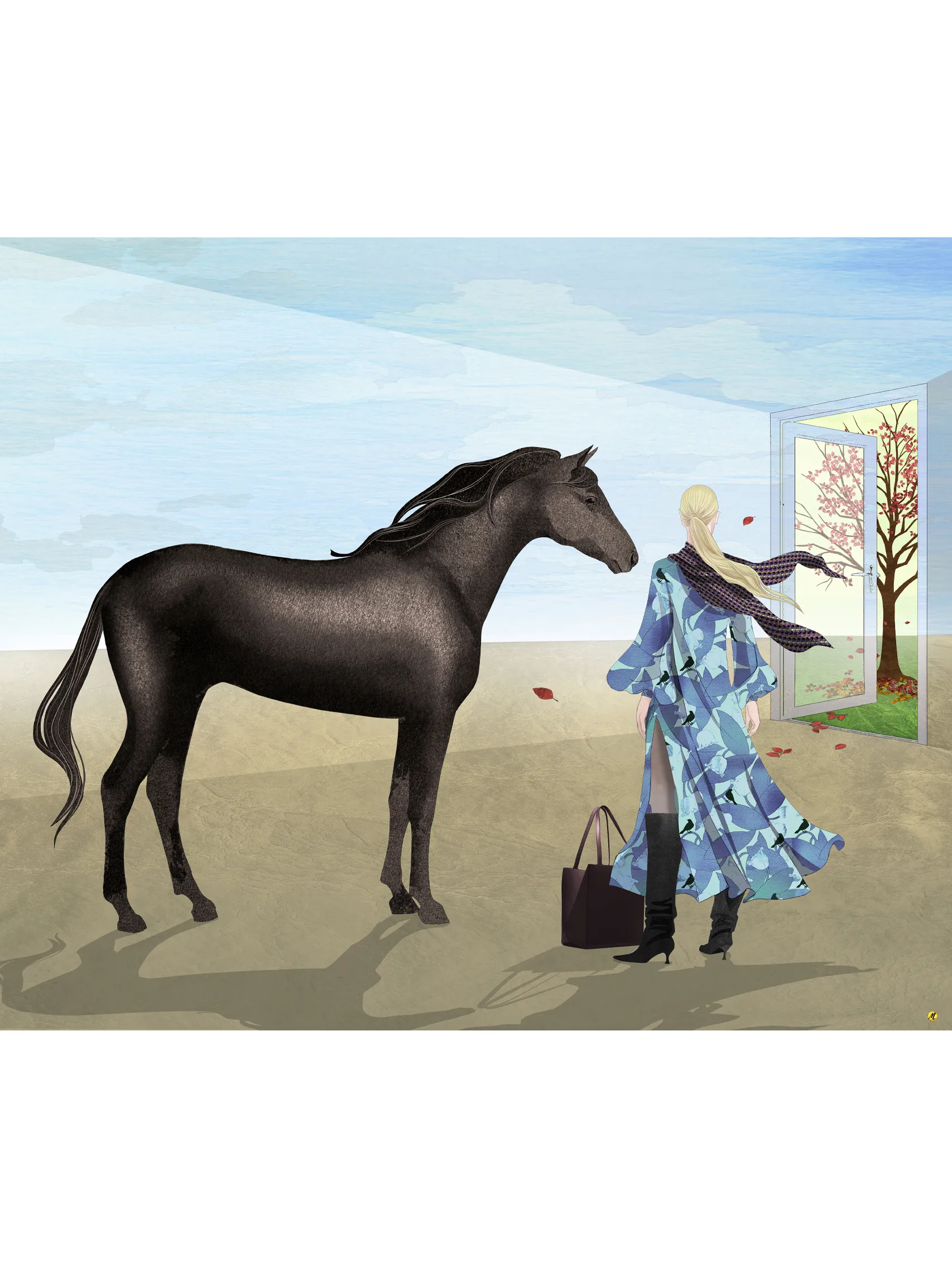 open door to fall surreal illustration of a horse and a woman in minimalistic landscape by monica lind