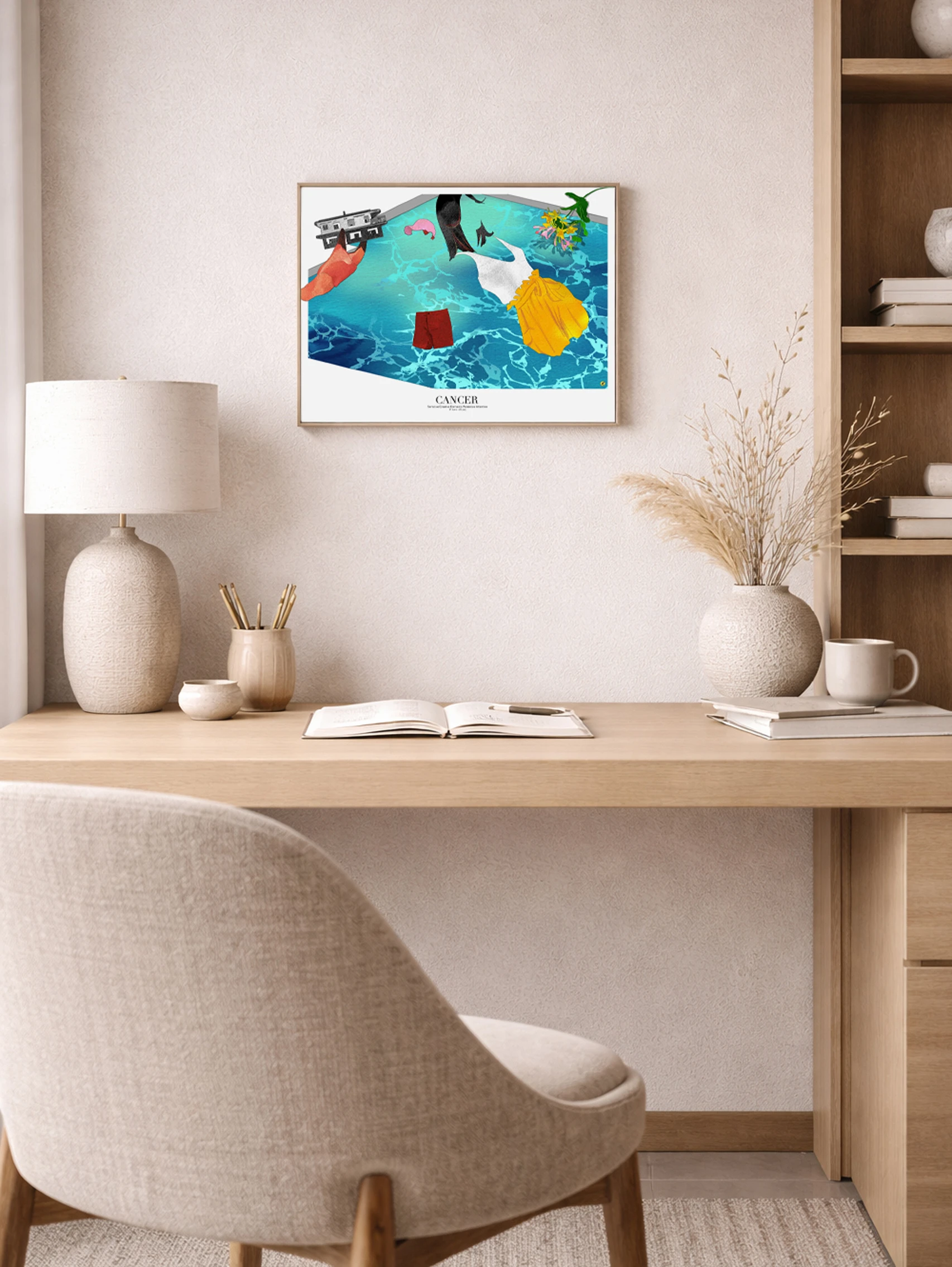 framed cancer zodiac ruled by the moon astrology art print with faceless character and bright colors