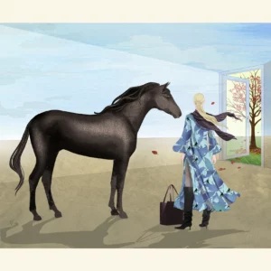 open door to fall exclusive horse and woman in surreal landscape monica lind