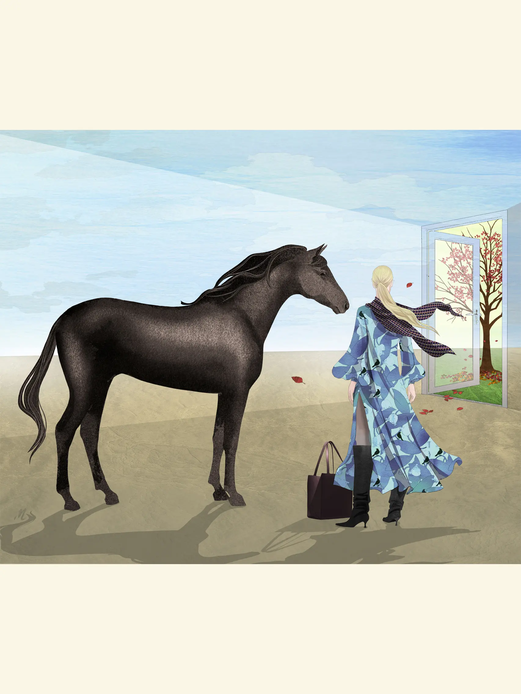 open door to fall exclusive horse and woman in surreal landscape monica lind