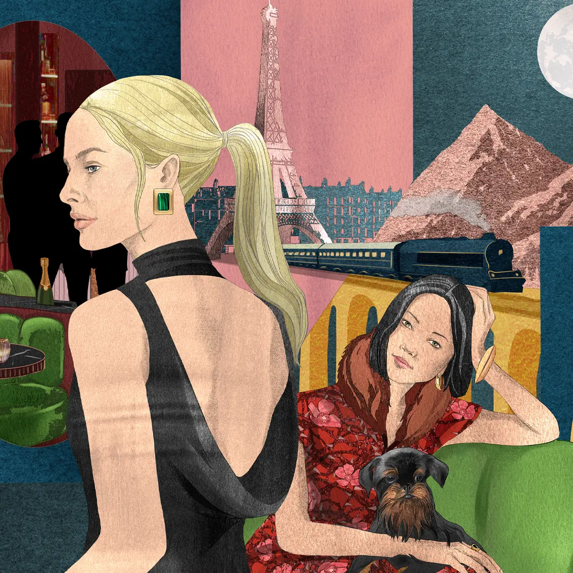 elegant travel illustration inspired by the orient express featuring women luxury train paris and istanbul landmarks by monica lind