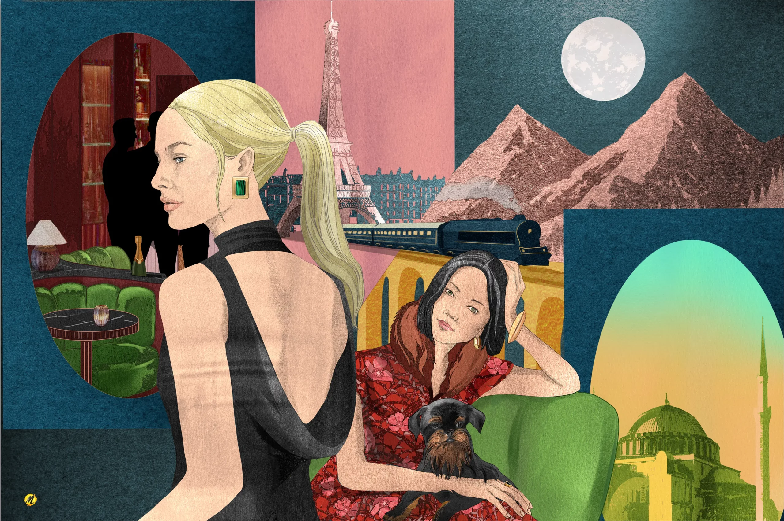 elegant travel illustration inspired by the orient express featuring women luxury train paris and istanbul landmarks by monica lind