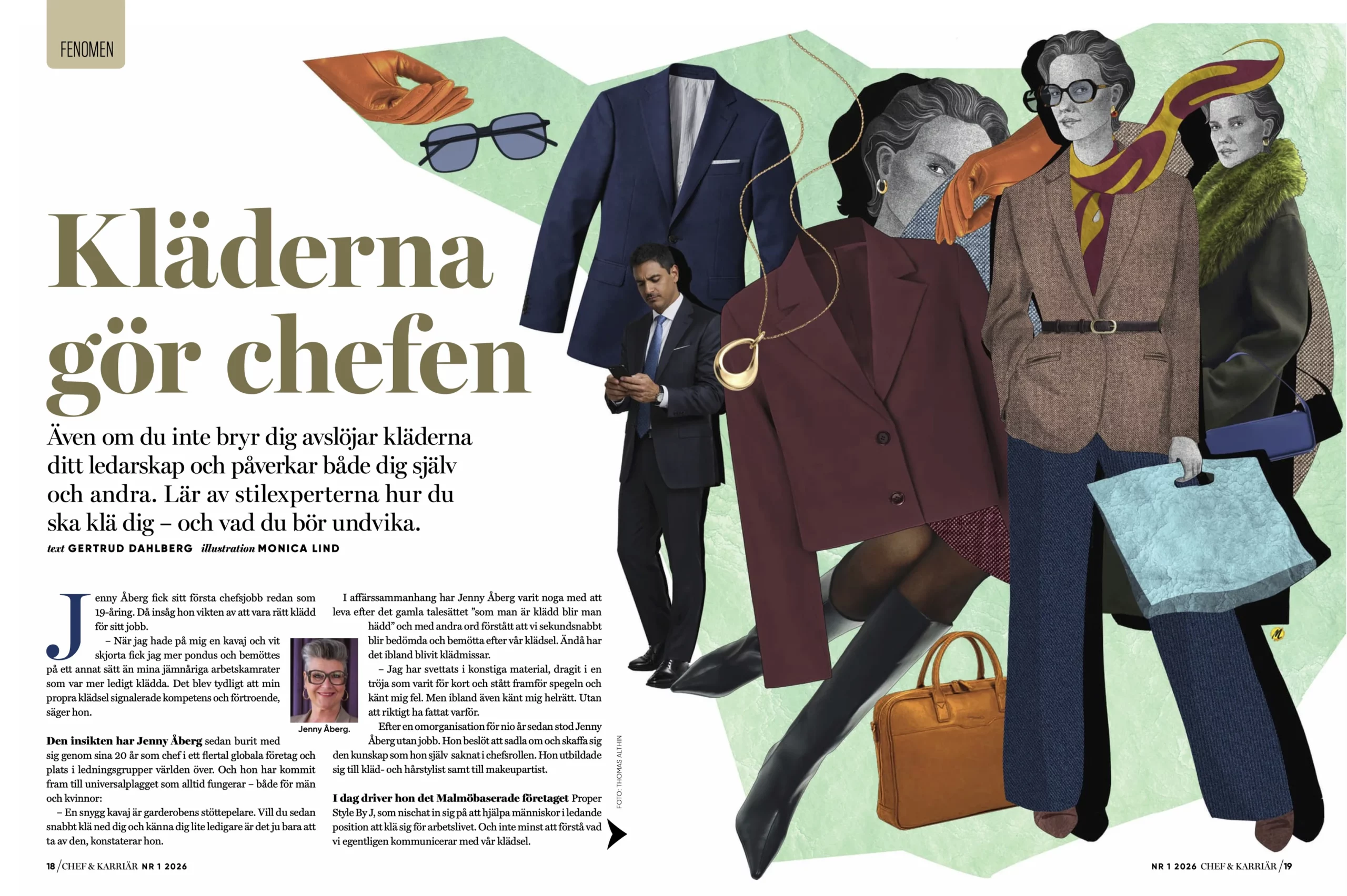 editorial illustration of tailored suits business figures and accessories in layered collage composition exploring leadership and dress codes