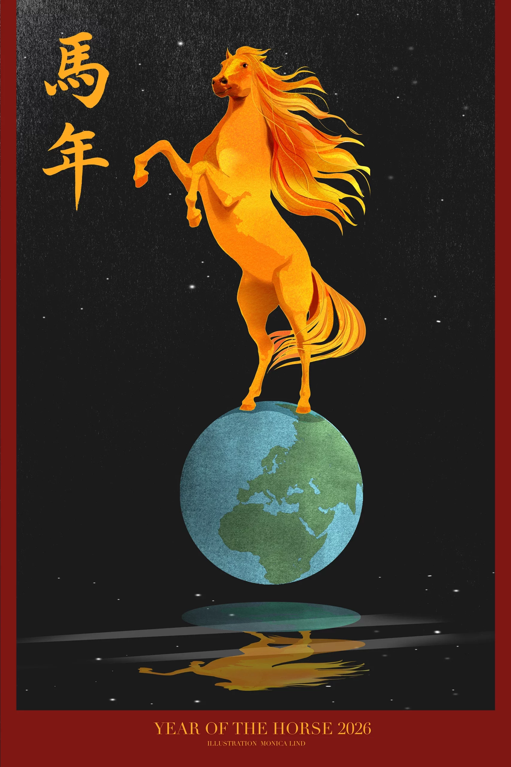 golden horse rearing on top of the earth with a cosmic background representing the year of the horse 2026 in chinese zodiac symbolism