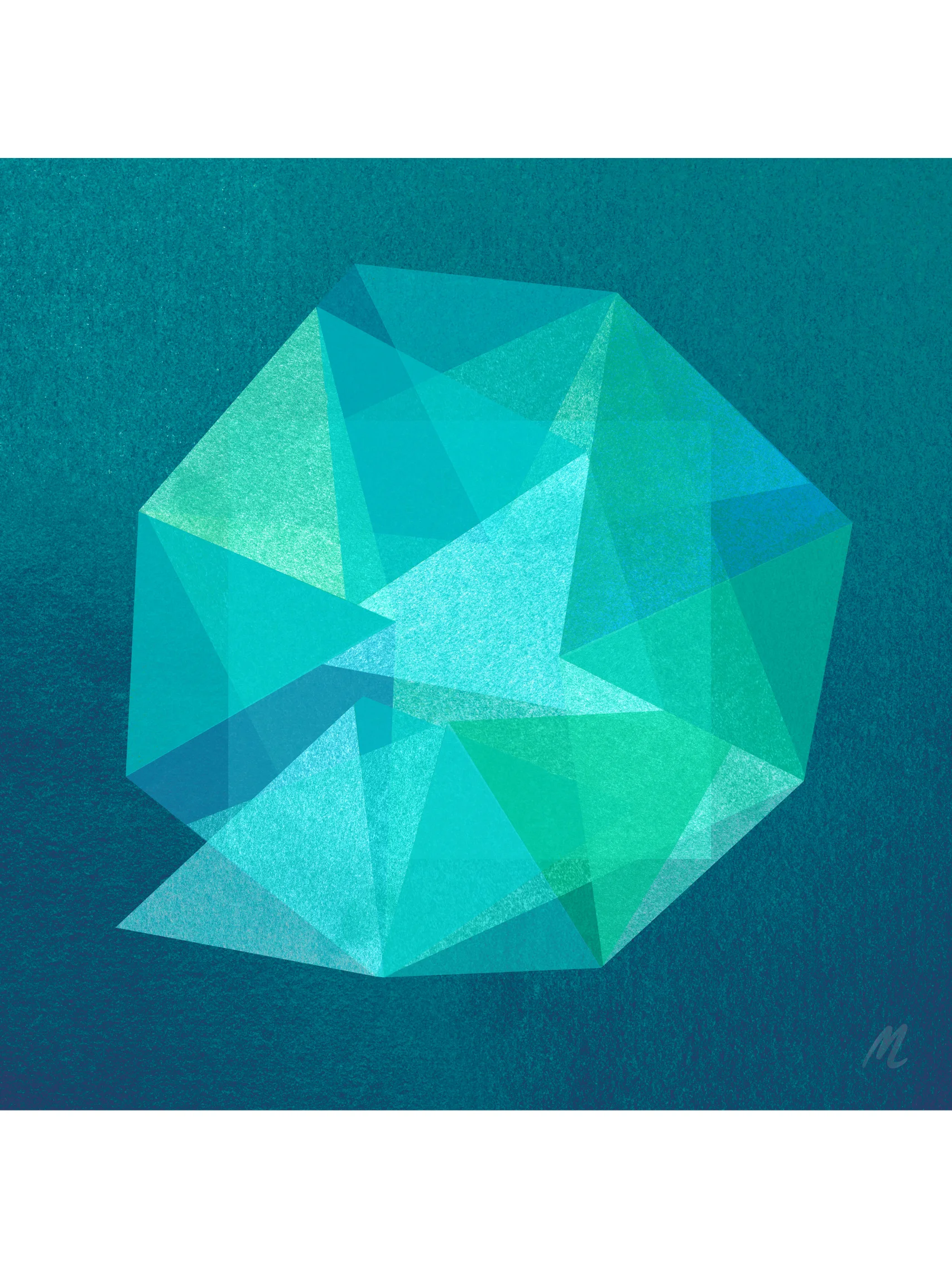 facets abstract art print by monica lind translucent facets in teal aqua and green tones interacting with one another creating an irregular round shape