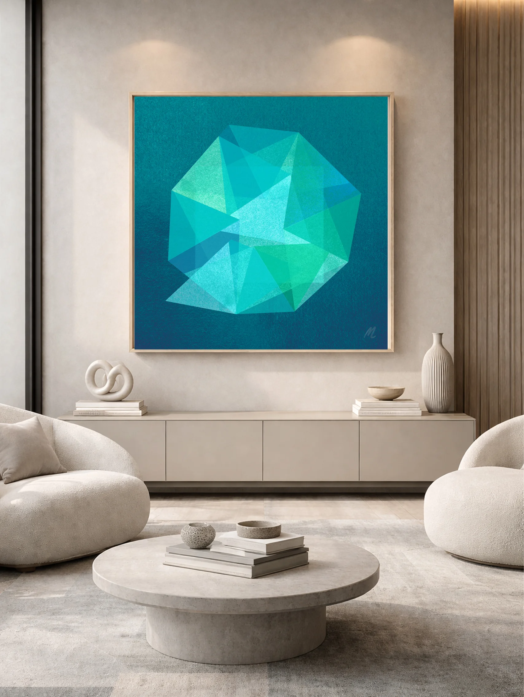 facets abstract framed art print by monica lind translucent facets in teal aqua and green tones interacting with one another