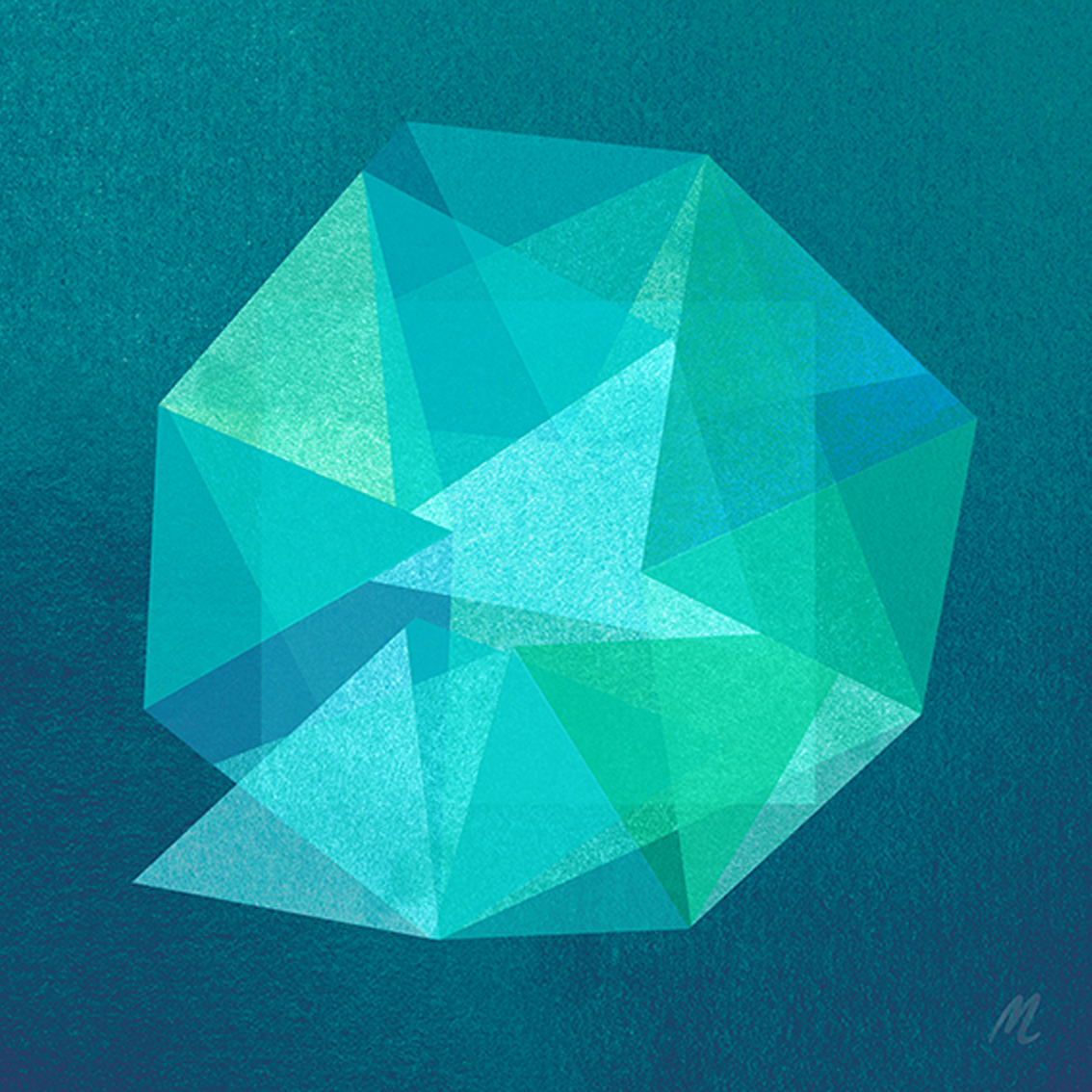 facets abstract art print by monica lind translucent facets in teal aqua and green tones interacting with one another creating an irregular round shape