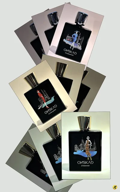 Different cards in pink, yellow and green on top of each other. The cards feature black perfume bottles with illustrated labels which include a woman in blue, a woman in red and a woman in ocre with either London, Paris or New York behind them.